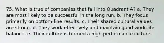 75. What is true of companies that fall into Quadrant A? a. They are most likely to be successful in the long run. b. They focus primarily on bottom-line results. c. Their shared <a href='https://www.questionai.com/knowledge/kyz76nVU9o-cultural-values' class='anchor-knowledge'>cultural values</a> are strong. d. They work effectively and maintain good work-life balance. e. Their culture is termed a high-performance culture.