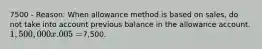 7500 - Reason: When allowance method is based on sales, do not take into account previous balance in the allowance account. 1,500,000x.005=7,500.