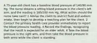 A 75-year-old client has a baseline blood pressure of 140/90 mm Hg. The nurse obtains a sitting blood pressure in the client's left arm, and the reading is 160/100 mm Hg. What action should the nurse take next? 1 Advise the client to restrict fluid and sodium intake, then begin to develop a teaching plan for the client. 2 Contact the primary health care provider immediately to report the blood pressure reading. 3 Record the findings, recognizing that the result is expected for an older adult. 4 Take the blood pressure in the right arm, and then take the blood pressure in both arms while the client is standing.