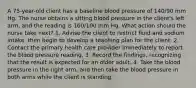 A 75-year-old client has a baseline blood pressure of 140/90 mm Hg. The nurse obtains a sitting blood pressure in the client's left arm, and the reading is 160/100 mm Hg. What action should the nurse take next? 1. Advise the client to restrict fluid and sodium intake, then begin to develop a teaching plan for the client. 2. Contact the primary health care provider immediately to report the blood pressure reading. 3. Record the findings, recognizing that the result is expected for an older adult. 4. Take the blood pressure in the right arm, and then take the blood pressure in both arms while the client is standing.