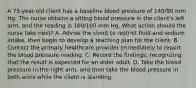 A 75-year-old client has a baseline blood pressure of 140/90 mm Hg. The nurse obtains a sitting blood pressure in the client's left arm, and the reading is 160/100 mm Hg. What action should the nurse take next? A. Advise the client to restrict fluid and sodium intake, then begin to develop a teaching plan for the client. B. Contact the primary healthcare provider immediately to report the blood pressure reading. C. Record the findings, recognizing that the result is expected for an older adult. D. Take the blood pressure in the right arm, and then take the blood pressure in both arms while the client is standing.