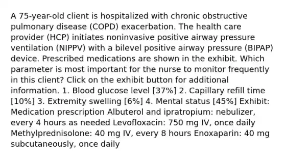 A 75-year-old client is hospitalized with chronic obstructive pulmonary disease (COPD) exacerbation. The health care provider (HCP) initiates noninvasive positive airway pressure ventilation (NIPPV) with a bilevel positive airway pressure (BIPAP) device. Prescribed medications are shown in the exhibit. Which parameter is most important for the nurse to monitor frequently in this client? Click on the exhibit button for additional information. 1. Blood glucose level [37%] 2. Capillary refill time [10%] 3. Extremity swelling [6%] 4. Mental status [45%] Exhibit: Medication prescription Albuterol and ipratropium: nebulizer, every 4 hours as needed Levofloxacin: 750 mg IV, once daily Methylprednisolone: 40 mg IV, every 8 hours Enoxaparin: 40 mg subcutaneously, once daily