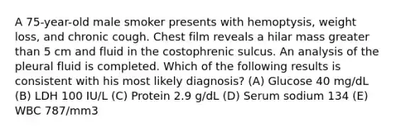 A 75-year-old male smoker presents with hemoptysis, weight loss, and chronic cough. Chest film reveals a hilar mass greater than 5 cm and fluid in the costophrenic sulcus. An analysis of the pleural fluid is completed. Which of the following results is consistent with his most likely diagnosis? (A) Glucose 40 mg/dL (B) LDH 100 IU/L (C) Protein 2.9 g/dL (D) Serum sodium 134 (E) WBC 787/mm3