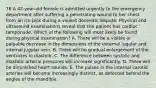 76 A 42-year-old female is admitted urgently to the emergency department after suffering a penetrating wound to her chest from an ice pick during a violent domestic dispute. Physical and ultrasound examinations reveal that the patient has cardiac tamponade. Which of the following will most likely be found during physical examination? A. There will be a visible or palpable decrease in the dimensions of the external jugular and internal jugular vein. B. There will be gradual enlargement of the ventricles in diastole. C. The difference between systolic and diastolic arterial pressures will increase significantly. D. There will be diminished heart sounds. E. The pulses in the internal carotid arteries will become increasingly distinct, as detected behind the angles of the mandible.