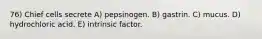 76) Chief cells secrete A) pepsinogen. B) gastrin. C) mucus. D) hydrochloric acid. E) intrinsic factor.