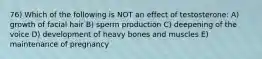 76) Which of the following is NOT an effect of testosterone: A) growth of facial hair B) sperm production C) deepening of the voice D) development of heavy bones and muscles E) maintenance of pregnancy