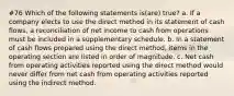 #76 Which of the following statements is(are) true? a. If a company elects to use the direct method in its statement of cash flows, a reconciliation of net income to cash from operations must be included in a supplementary schedule. b. In a statement of cash flows prepared using the direct method, items in the operating section are listed in order of magnitude. c. Net cash from operating activities reported using the direct method would never differ from net cash from operating activities reported using the indirect method.