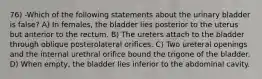 76) -Which of the following statements about the urinary bladder is false? A) In females, the bladder lies posterior to the uterus but anterior to the rectum. B) The ureters attach to the bladder through oblique posterolateral orifices. C) Two ureteral openings and the internal urethral orifice bound the trigone of the bladder. D) When empty, the bladder lies inferior to the abdominal cavity.