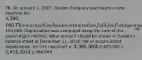 76. On January 1, 2017, Garden Company purchased a new machine for 4,200,000. The new machine has an estimated useful life of nine years and the salvage value was estimated to be150,000. Depreciation was computed using the sum-of-the-years'-digits method. What amount should be shown in Garden's balance sheet at December 31, 2018, net of accumulated depreciation, for this machine? a. 3,390,000 b.2,670,000 c. 2,613,331 d.2,488,500