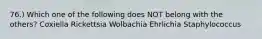 76.) Which one of the following does NOT belong with the others? Coxiella Rickettsia Wolbachia Ehrlichia Staphylococcus