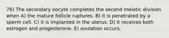 76) The secondary oocyte completes the second meiotic division when A) the mature follicle ruptures. B) it is penetrated by a sperm cell. C) it is implanted in the uterus. D) it receives both estrogen and progesterone. E) ovulation occurs.