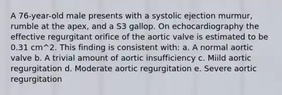 A 76-year-old male presents with a systolic ejection murmur, rumble at the apex, and a S3 gallop. On echocardiography the effective regurgitant orifice of the aortic valve is estimated to be 0.31 cm^2. This finding is consistent with: a. A normal aortic valve b. A trivial amount of aortic insufficiency c. Miild aortic regurgitation d. Moderate aortic regurgitation e. Severe aortic regurgitation