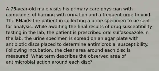 A 76-year-old male visits his primary care physician with complaints of burning with urination and a frequent urge to void. The RNaids the patient in collecting a urine specimen to be sent for analysis. While awaiting the final results of drug susceptibility testing in the lab, the patient is prescribed oral sulfasoxazole.In the lab, the urine specimen is spread on an agar plate with antibiotic discs placed to determine antimicrobial susceptibility. Following incubation, the clear area around each disc is measured. What term describes the observed area of antimicrobial action around each disc?