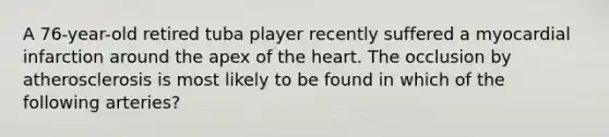 A 76-year-old retired tuba player recently suffered a myocardial infarction around the apex of the heart. The occlusion by atherosclerosis is most likely to be found in which of the following arteries?