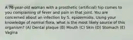 A 76-year-old woman with a prosthetic (artificial) hip comes to you complaining of fever and pain in that joint. You are concerned about an infection by S. epidermidis. Using your knowledge of normal flora, what is the most likely source of this organism? (A) Dental plaque (B) Mouth (C) Skin (D) Stomach (E) Vagina