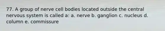 77. A group of nerve cell bodies located outside the central nervous system is called a: a. nerve b. ganglion c. nucleus d. column e. commissure