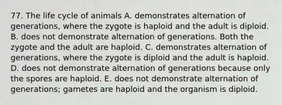 77. The life cycle of animals A. demonstrates alternation of generations, where the zygote is haploid and the adult is diploid. B. does not demonstrate alternation of generations. Both the zygote and the adult are haploid. C. demonstrates alternation of generations, where the zygote is diploid and the adult is haploid. D. does not demonstrate alternation of generations because only the spores are haploid. E. does not demonstrate alternation of generations; gametes are haploid and the organism is diploid.