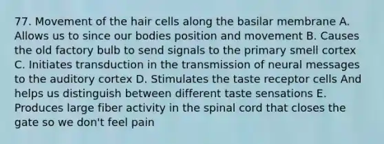 77. Movement of the hair cells along the basilar membrane A. Allows us to since our bodies position and movement B. Causes the old factory bulb to send signals to the primary smell cortex C. Initiates transduction in the transmission of neural messages to the auditory cortex D. Stimulates the taste receptor cells And helps us distinguish between different taste sensations E. Produces large fiber activity in the spinal cord that closes the gate so we don't feel pain