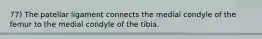 77) The patellar ligament connects the medial condyle of the femur to the medial condyle of the tibia.