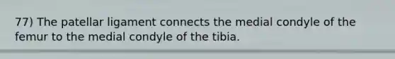 77) The patellar ligament connects the medial condyle of the femur to the medial condyle of the tibia.