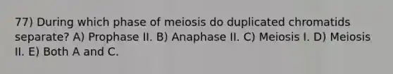 77) During which phase of meiosis do duplicated chromatids separate? A) Prophase II. B) Anaphase II. C) Meiosis I. D) Meiosis II. E) Both A and C.