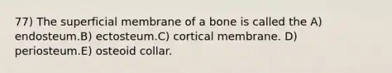 77) The superficial membrane of a bone is called the A) endosteum.B) ectosteum.C) cortical membrane. D) periosteum.E) osteoid collar.