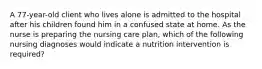 A 77-year-old client who lives alone is admitted to the hospital after his children found him in a confused state at home. As the nurse is preparing the nursing care plan, which of the following nursing diagnoses would indicate a nutrition intervention is required?