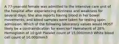 A 77-year-old female was admitted to the intensive care unit of the hospital after experiencing dizziness and weakness for several days. She also reports having blood in her bowel movements, and blood samples were taken for testing upon admission. Which of the following laboratory values would MOST likely be a contraindication for exercise? Hematocrit of 28% Hemoglobin of 10 g/dl Platelet count of 15,000/mm3 White blood cell count of 10,000/mm3