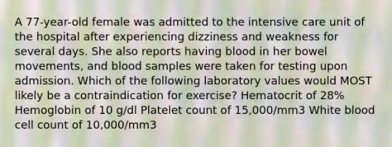 A 77-year-old female was admitted to the intensive care unit of the hospital after experiencing dizziness and weakness for several days. She also reports having blood in her bowel movements, and blood samples were taken for testing upon admission. Which of the following laboratory values would MOST likely be a contraindication for exercise? Hematocrit of 28% Hemoglobin of 10 g/dl Platelet count of 15,000/mm3 White blood cell count of 10,000/mm3