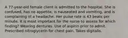 A 77-year-old female client is admitted to the hospital. She is confused, has no appetite, is nauseated and vomiting, and is complaining of a headache. Her pulse rate is 43 beats per minute. It is most important for the nurse to assess for which finding? Wearing dentures. Use of aspirin prior to admit. Prescribed nitroglycerin for chest pain. Takes digitalis.