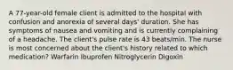 A 77-year-old female client is admitted to the hospital with confusion and anorexia of several days' duration. She has symptoms of nausea and vomiting and is currently complaining of a headache. The client's pulse rate is 43 beats/min. The nurse is most concerned about the client's history related to which medication? Warfarin Ibuprofen Nitroglycerin Digoxin