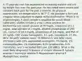 A 77-year-old man has experienced increasing malaise and a 6-kg weight loss over the past year. He has noted more severe and constant back pain for the past 3 months. On physical examination, his temperature is 38.7° C. His prostate is firm and irregular when palpated on digital rectal examination. There is no organomegaly. A stool sample is negative for occult blood. Laboratory studies include a urine culture positive for Escherichia coli, serum glucose of 70 mg/dL, creatinine of 1.1 mg/dL, total bilirubin of 1 mg/dL, alkaline phosphatase of 293 U/L, calcium of 10.3 mg/dL, phosphorus of 2.6 mg/dL, and PSA of 25 ng/mL. CBC shows hemoglobin, 9.1 g/dL; hematocrit, 27.3%; MCV, 94 μm3; platelet count, 55,600/mm3; and WBC count, 3570/mm3 with 18% segmented neutrophils, 7% bands, 2% metamyelocytes, 1% myelocytes, 61% lymphocytes, 11% monocytes, and 3 nucleated RBCs per 100 WBCs. What is the most likely diagnosis? A Anemia of chronic disease B Aplastic anemia C Hemolytic anemia D Megaloblastic anemia E Myelophthisic anemia