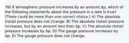 78) If atmospheric pressure increases by an amount Δp, which of the following statements about the pressure in a lake is true? (There could be more than one correct choice.) A) The absolute (total) pressure does not change. B) The absolute (total) pressure increases, but by an amount less than Δp. C) The absolute (total) pressure increases by Δp. D) The gauge pressure increases by Δp. E) The gauge pressure does not change.