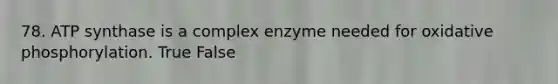 78. ATP synthase is a complex enzyme needed for <a href='https://www.questionai.com/knowledge/kFazUb9IwO-oxidative-phosphorylation' class='anchor-knowledge'>oxidative phosphorylation</a>. True False