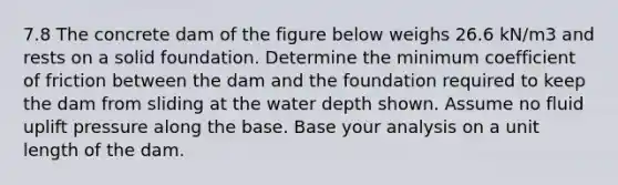 7.8 The concrete dam of the figure below weighs 26.6 kN/m3 and rests on a solid foundation. Determine the minimum coefficient of friction between the dam and the foundation required to keep the dam from sliding at the water depth shown. Assume no fluid uplift pressure along the base. Base your analysis on a unit length of the dam.