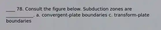 ____ 78. Consult the figure below. Subduction zones are ____________. a. convergent-plate boundaries c. transform-plate boundaries