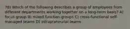 78) Which of the following describes a group of employees from different departments working together on a long-term basis? A) focus group B) mixed function groups C) cross-functional self-managed teams D) intrapraneurial teams