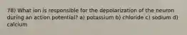 78) What ion is responsible for the depolarization of the neuron during an action potential? a) potassium b) chloride c) sodium d) calcium