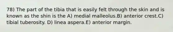 78) The part of the tibia that is easily felt through the skin and is known as the shin is the A) medial malleolus.B) anterior crest.C) tibial tuberosity. D) linea aspera.E) anterior margin.