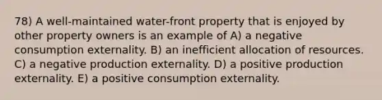 78) A well-maintained water-front property that is enjoyed by other property owners is an example of A) a negative consumption externality. B) an inefficient allocation of resources. C) a negative production externality. D) a positive production externality. E) a positive consumption externality.