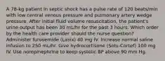 A 78-kg patient in septic shock has a pulse rate of 120 beats/min with low central venous pressure and pulmonary artery wedge pressure. After initial fluid volume resuscitation, the patient's urine output has been 30 mL/hr for the past 3 hours. Which order by the health care provider should the nurse question? Administer furosemide (Lasix) 40 mg IV. Increase normal saline infusion to 250 mL/hr. Give hydrocortisone (Solu-Cortef) 100 mg IV. Use norepinephrine to keep systolic BP above 90 mm Hg.