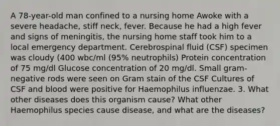 A 78-year-old man confined to a nursing home Awoke with a severe headache, stiff neck, fever. Because he had a high fever and signs of meningitis, the nursing home staff took him to a local emergency department. Cerebrospinal fluid (CSF) specimen was cloudy (400 wbc/ml (95% neutrophils) Protein concentration of 75 mg/dl Glucose concentration of 20 mg/dl. Small gram-negative rods were seen on Gram stain of the CSF Cultures of CSF and blood were positive for Haemophilus influenzae. 3. What other diseases does this organism cause? What other Haemophilus species cause disease, and what are the diseases?