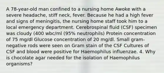 A 78-year-old man confined to a nursing home Awoke with a severe headache, stiff neck, fever. Because he had a high fever and signs of meningitis, the nursing home staff took him to a local emergency department. Cerebrospinal fluid (CSF) specimen was cloudy (400 wbc/ml (95% neutrophils) Protein concentration of 75 mg/dl Glucose concentration of 20 mg/dl. Small gram-negative rods were seen on Gram stain of the CSF Cultures of CSF and blood were positive for Haemophilus influenzae. 4. Why is chocolate agar needed for the isolation of Haemophilus organisms?