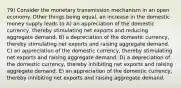 79) Consider the monetary transmission mechanism in an open economy. Other things being equal, an increase in the domestic money supply leads to A) an appreciation of the domestic currency, thereby stimulating net exports and reducing aggregate demand. B) a depreciation of the domestic currency, thereby stimulating net exports and raising aggregate demand. C) an appreciation of the domestic currency, thereby stimulating net exports and raising aggregate demand. D) a depreciation of the domestic currency, thereby inhibiting net exports and raising aggregate demand. E) an appreciation of the domestic currency, thereby inhibiting net exports and raising aggregate demand.