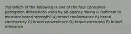 79) Which of the following is one of the four consumer perception dimensions used by ad agency Young & Rubicam to measure brand strength? A) brand conformance B) brand consistency C) brand convenience D) brand extension E) brand relevance