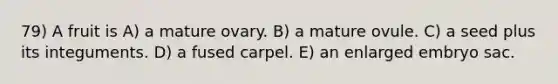 79) A fruit is A) a mature ovary. B) a mature ovule. C) a seed plus its integuments. D) a fused carpel. E) an enlarged embryo sac.