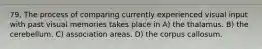 79. The process of comparing currently experienced visual input with past visual memories takes place in A) the thalamus. B) the cerebellum. C) association areas. D) the corpus callosum.
