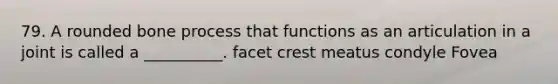 79. A rounded bone process that functions as an articulation in a joint is called a __________. facet crest meatus condyle Fovea