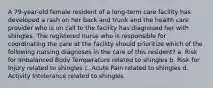 A 79-year-old female resident of a long-term care facility has developed a rash on her back and trunk and the health care provider who is on call to the facility has diagnosed her with shingles. The registered nurse who is responsible for coordinating the care at the facility should prioritize which of the following nursing diagnoses in the care of this resident? a. Risk for Imbalanced Body Temperature related to shingles b. Risk for Injury related to shingles c. Acute Pain related to shingles d. Activity Intolerance related to shingles