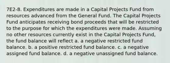 7E2-8. Expenditures are made in a Capital Projects Fund from resources advanced from the General Fund. The Capital Projects Fund anticipates receiving bond proceeds that will be restricted to the purpose for which the expenditures were made. Assuming no other resources currently exist in the Capital Projects Fund, the fund balance will reflect a. a negative restricted fund balance. b. a positive restricted fund balance. c. a negative assigned fund balance. d. a negative unassigned fund balance.